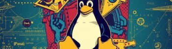 Linux Tux penguin with robotic figures and technical blueprint background.