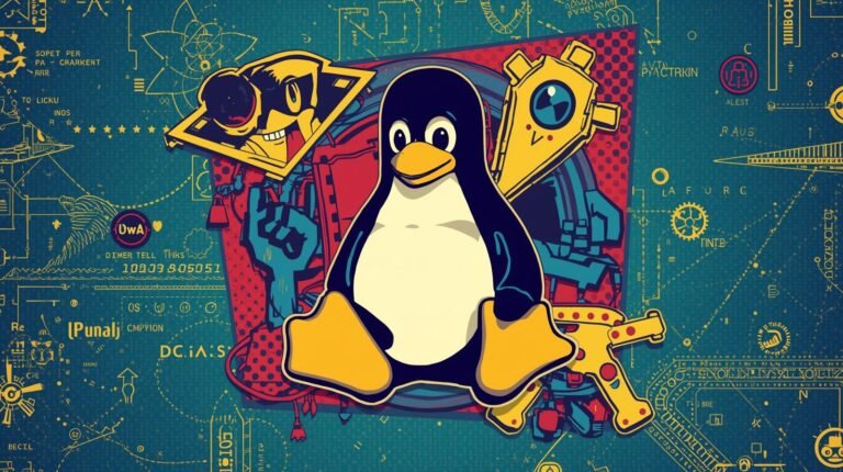 Linux Tux penguin with robotic figures and technical blueprint background.