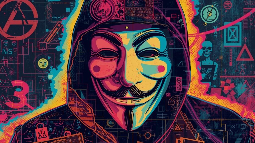Vibrant Guy Fawkes mask with cyber patterns, symbols, and digital rebellion themes.