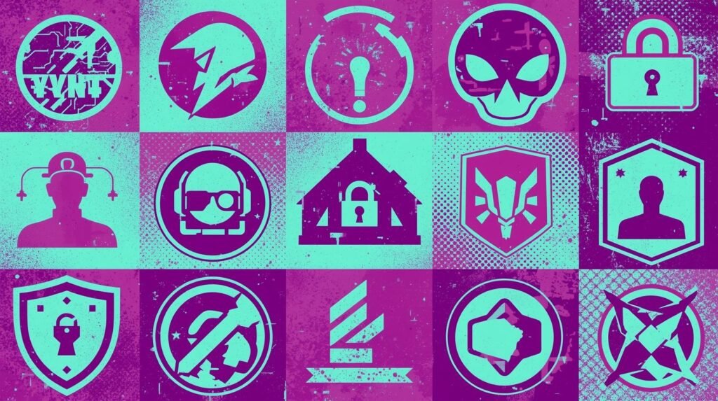 Kali Purple vs Kali Linux vs Parrot OS: What’s the Real Difference? 🧪 3 Retro-futuristic icon grid with digital, tech-inspired designs in cyan and magenta.