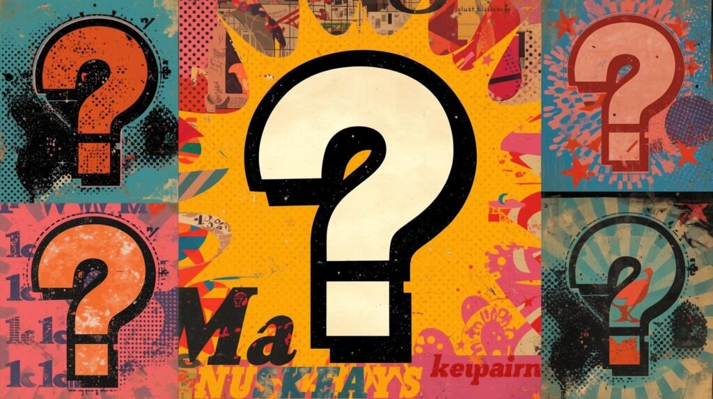 Colorful question mark collage with abstract patterns, vibrant textures, and whimsical elements.