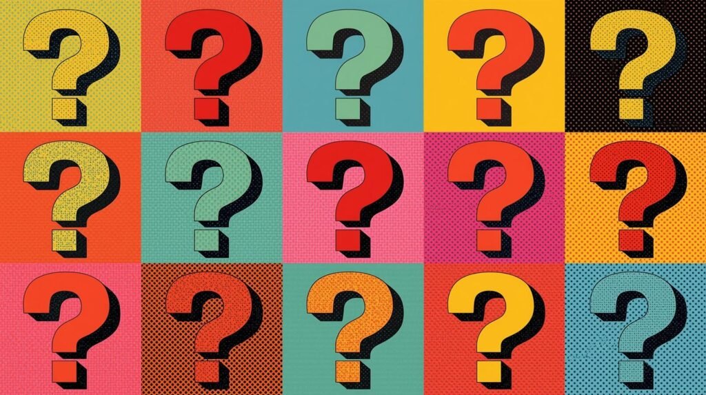 Red Team vs Blue Team Lab Setup at Home 🛡️ 5 Pop art grid featuring colorful, stylized question marks with a retro comic book vibe.