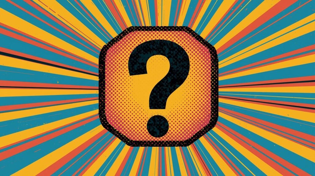 Bold retro question mark design with colorful rays and vintage halftone style.