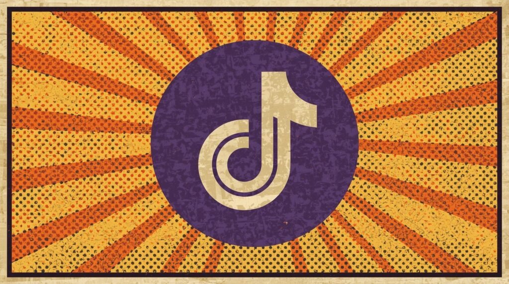 Abstract logo on vintage sunburst background with purple, yellow, and orange hues.