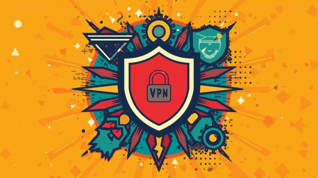 VPNs Explained: Real-World Privacy, OPSEC, and Common Mistakes 🧭 6 VPN cybersecurity illustration: Red shield, padlock, geometric shapes, burst of color, security symbols.