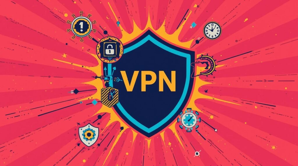 VPNs Explained: Real-World Privacy, OPSEC, and Common Mistakes 🧭 5 VPN security shield with icons, vibrant colors, symbolizing privacy, protection, and data encryption.