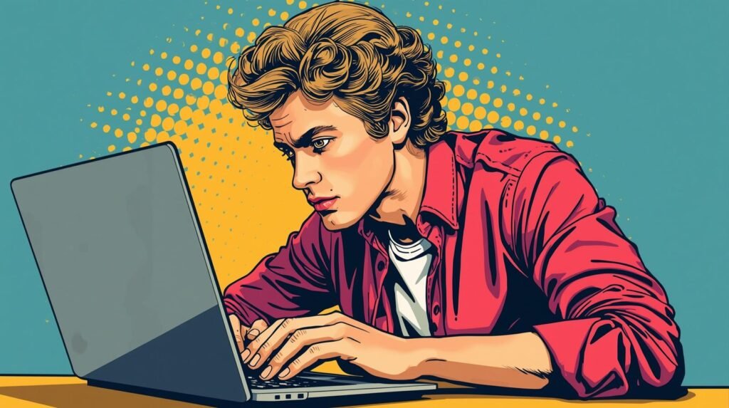 Pop art illustration of focused young man in red shirt working on laptop.
