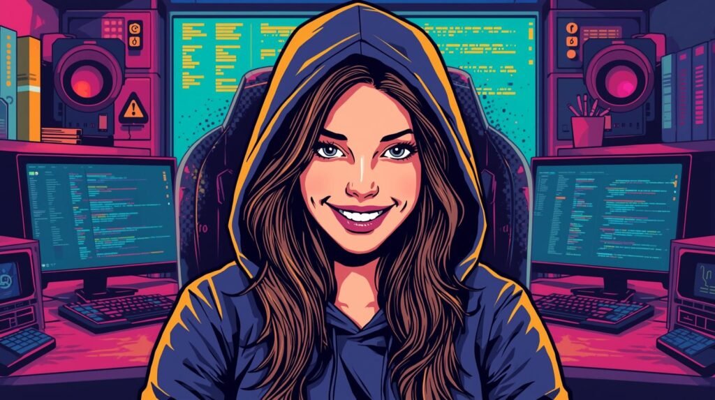 How to Segment a Home Cybersecurity Lab Safely 🧱 4 Mystery woman coder in hoodie surrounded by vibrant screens and technology.