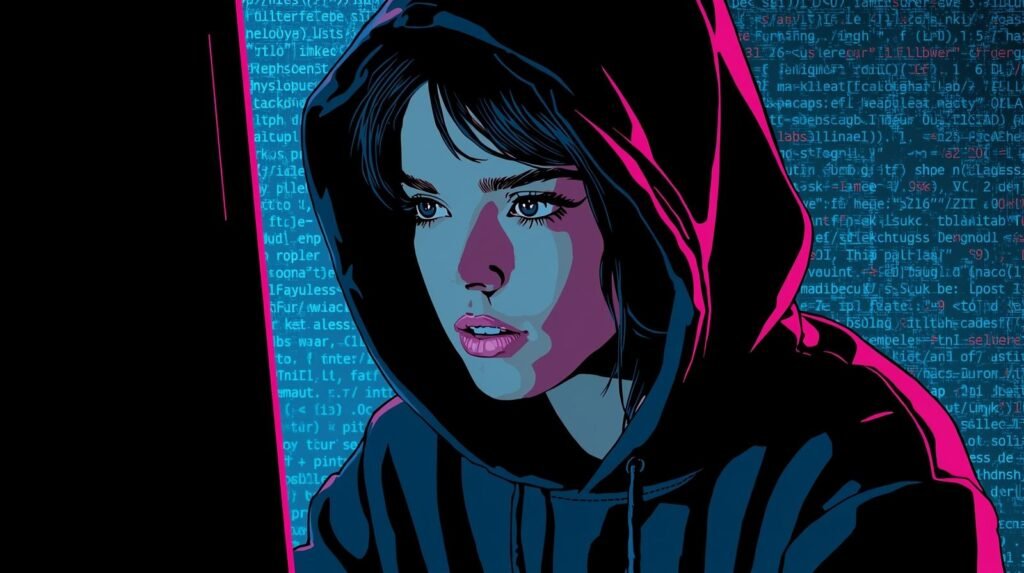 Home Ethical Hacking Lab Mistakes: 9 Critical Errors Beginners Make 🧪 3 Young woman focused on coding, illuminated by a screen, symbolizing technology and cybersecurity.