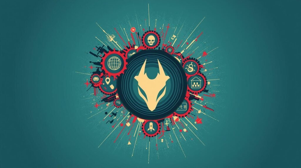 Stylized wolf head with vibrant symbols, gears, and abstract elements on teal background.