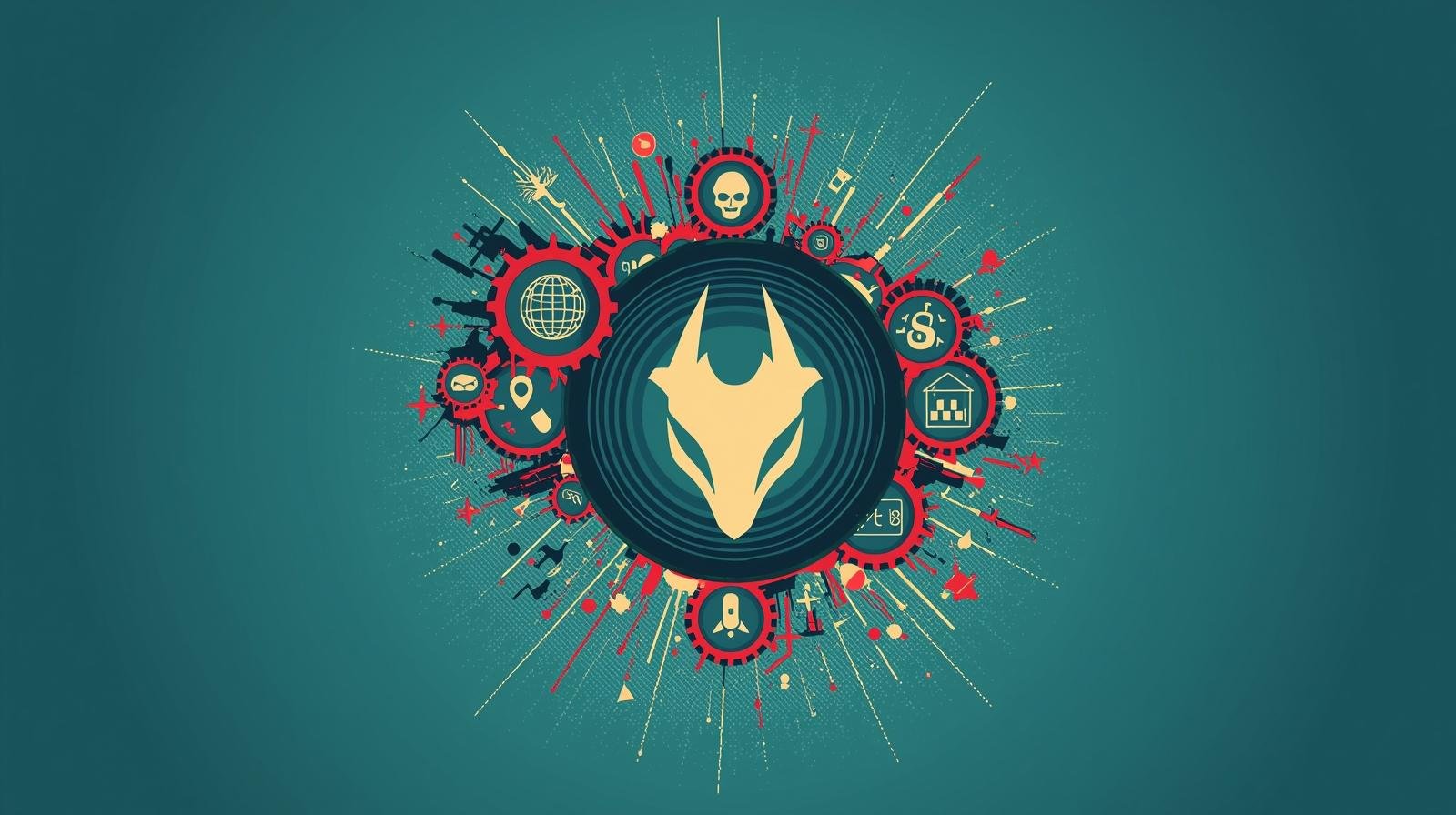Stylized wolf head with vibrant symbols, gears, and abstract elements on teal background.