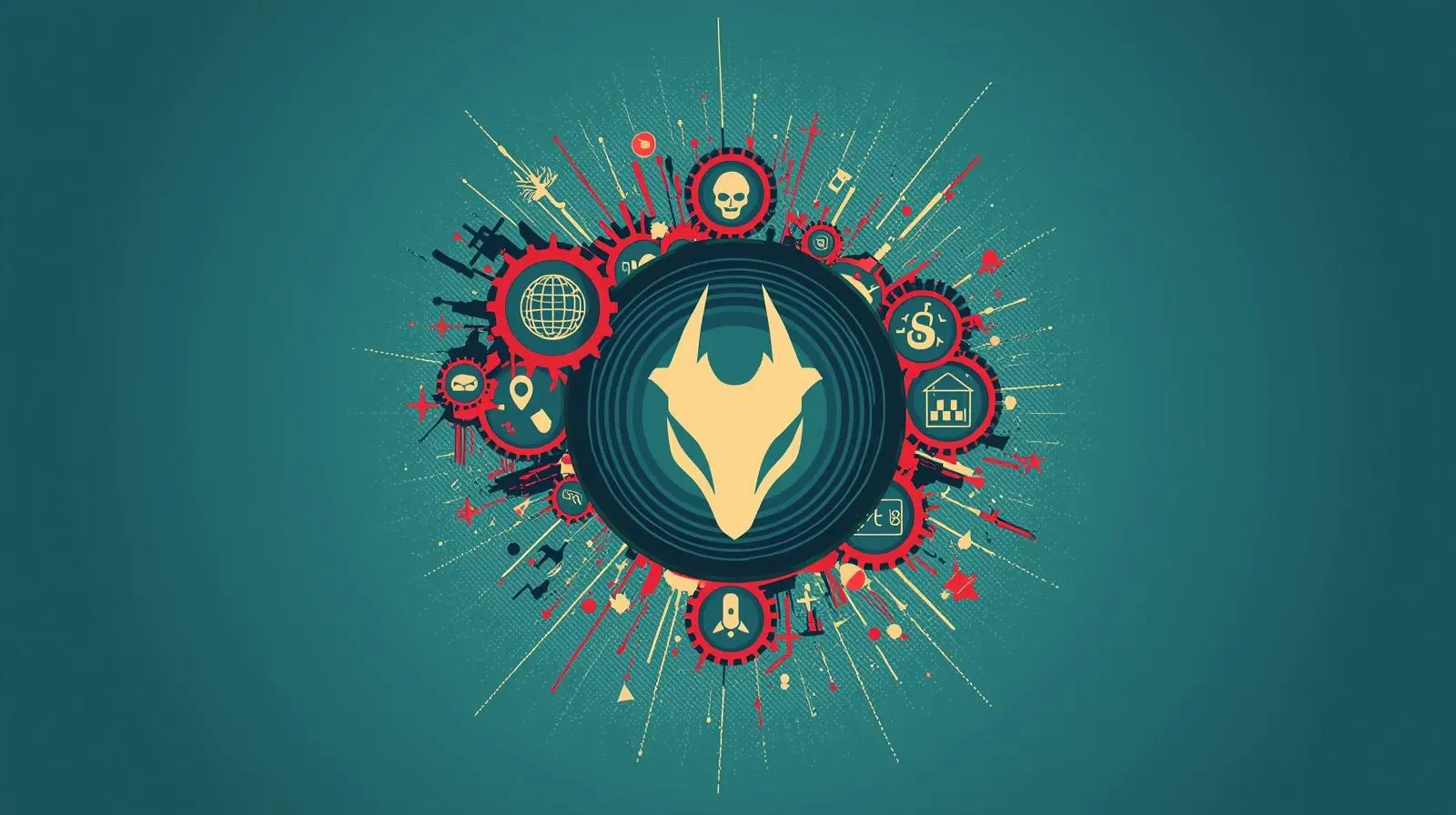Stylized wolf head with vibrant symbols, gears, and abstract elements on teal background.