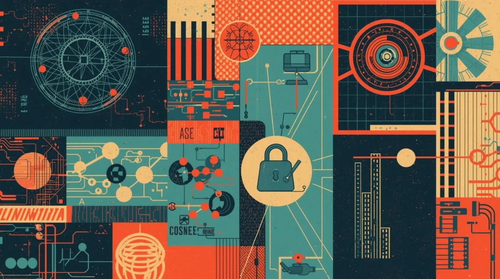 Detailed abstract artwork with geometric patterns, technology symbols, and security theme.