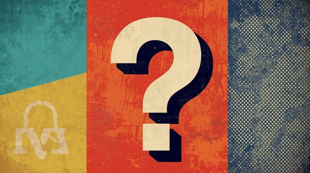 Abstract art with teal, red, and blue textures; features lock icon and question mark.