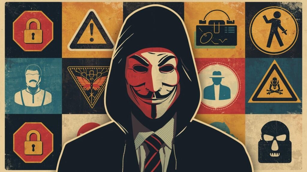 Anonymity and cyber activism collage featuring a Guy Fawkes mask and digital icons.