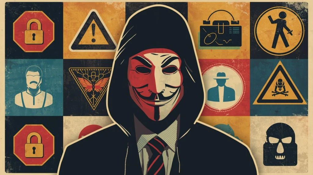 Anonymity and cyber activism collage featuring a Guy Fawkes mask and digital icons.