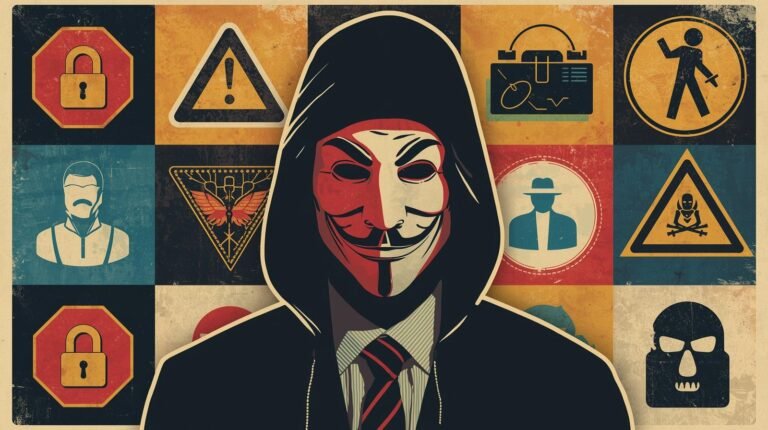 Anonymity and cyber activism collage featuring a Guy Fawkes mask and digital icons.