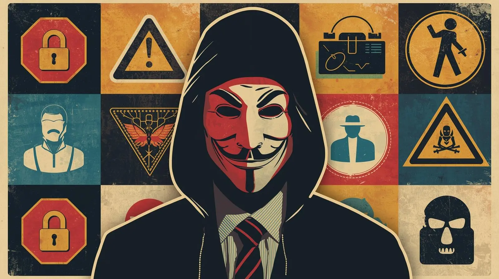 Man in the Middle Attacks: 7 Alarming Network Tricks 1 Anonymity and cyber activism collage featuring a Guy Fawkes mask and digital icons.