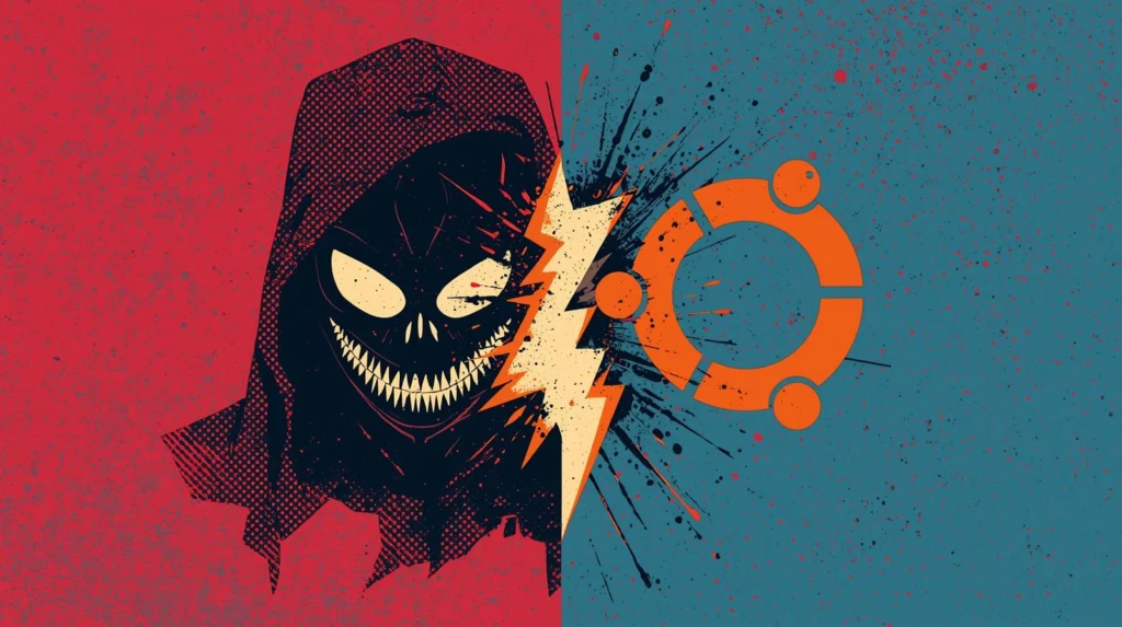 Dark vs. light: sinister figure vs. Ubuntu logo, split by lightning bolt.