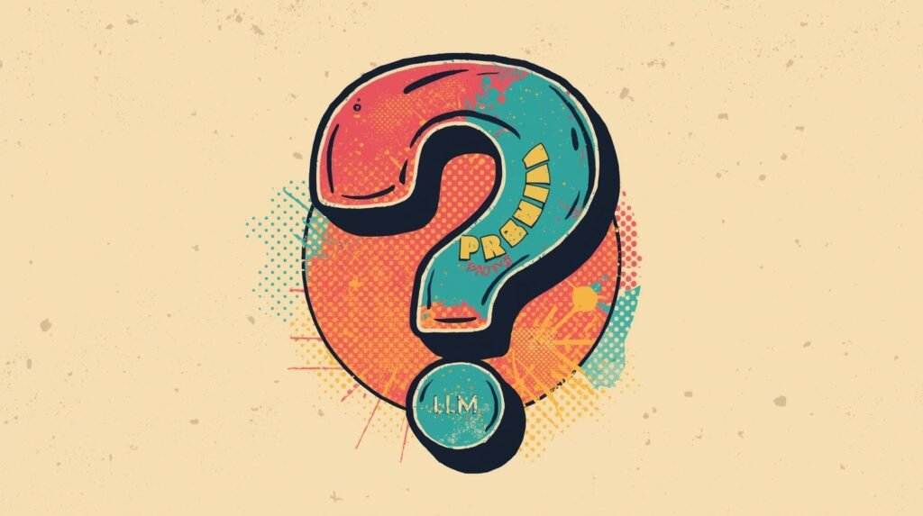 Vibrant pop art question mark with retro colors and integrated text on textured background.