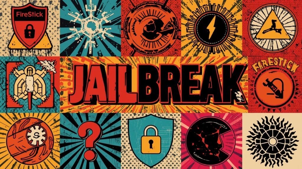 Jailbreak collage with symbols: security, energy, risk, control, exploration. Vibrant tech theme.