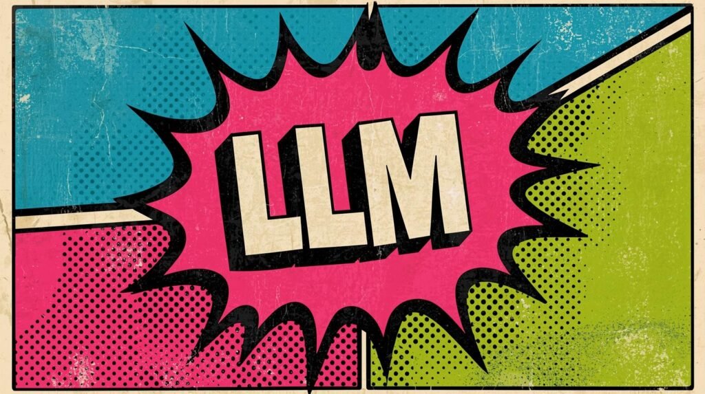 Pop art LLM comic-style design with bold typography and vibrant starburst pattern.