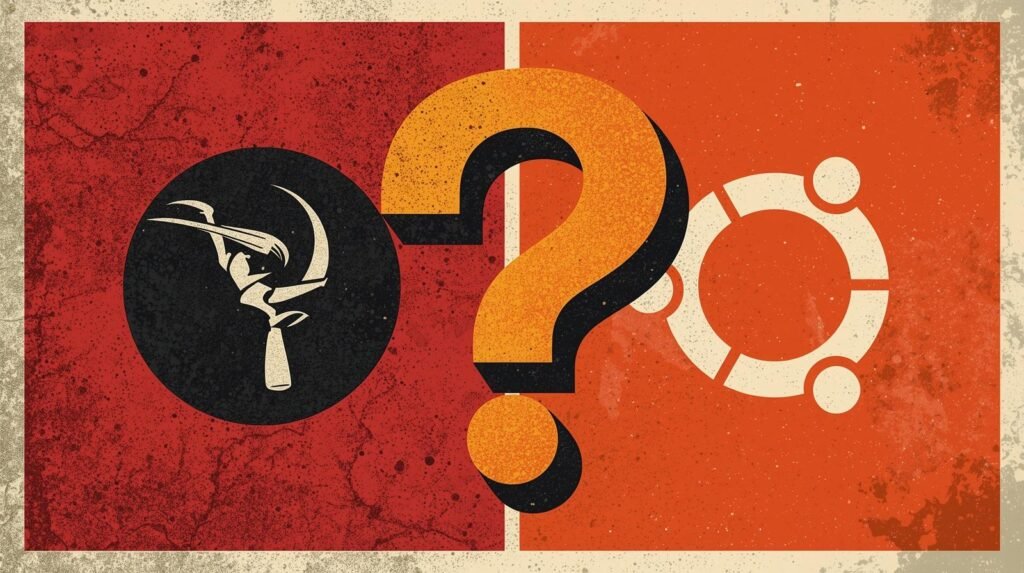 Kali Linux vs Ubuntu for Ethical Hacking: Do You Really Need Kali? 🤔 7 Red and orange textured split image: socialist figure vs. Ubuntu logo, central question mark.