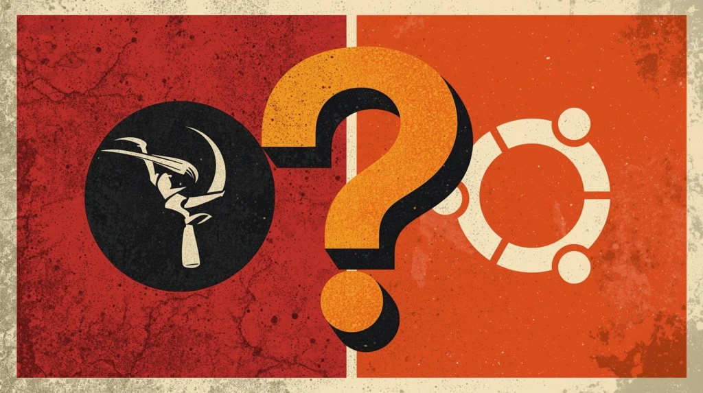 Red and orange textured split image: socialist figure vs. Ubuntu logo, central question mark.