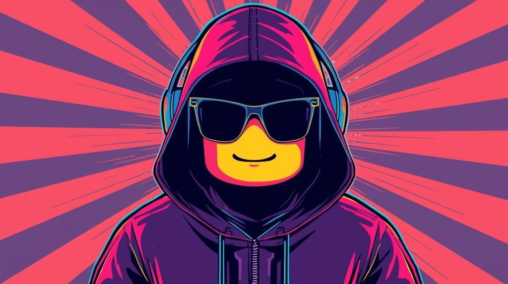 Urban character in colorful hoodie and sunglasses, vibrant radial background, street art style.