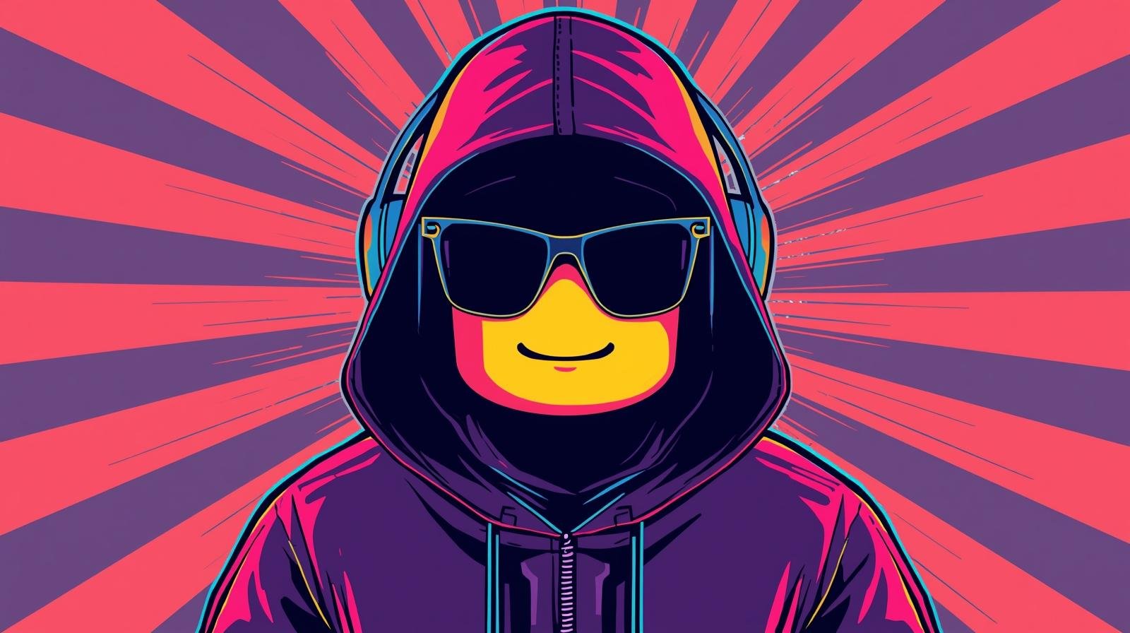 Urban character in colorful hoodie and sunglasses, vibrant radial background, street art style.