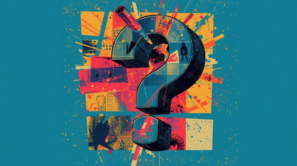Dynamic question mark art with vibrant colors and abstract elements symbolizing inquiry and discovery.