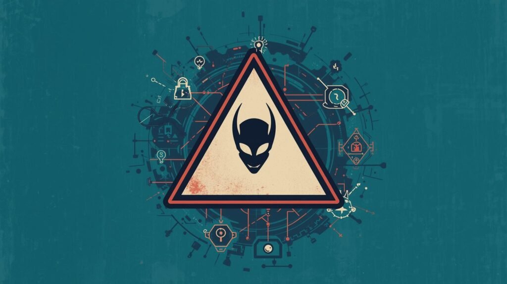 Cybersecurity warning sign with devil face, circuit symbols, and digital threat elements.