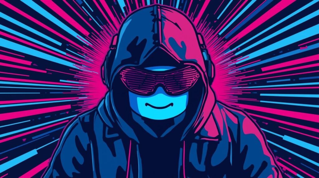 Cyberpunk illustration: mysterious hooded figure with glowing glasses, neon blue and pink colors.