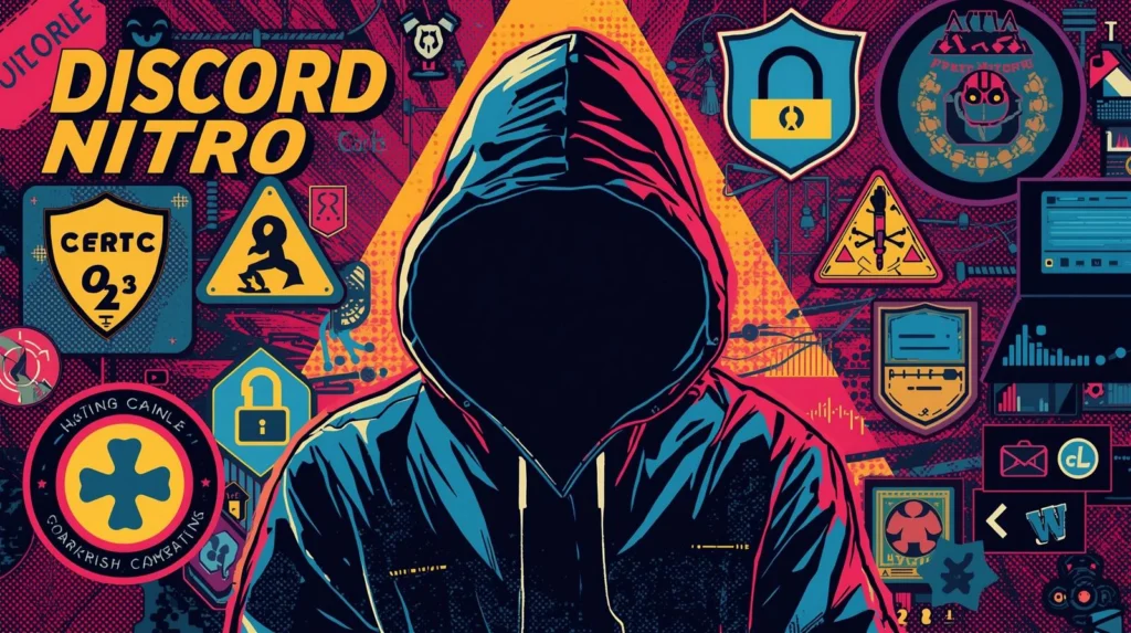 Discord Nitro Scams Explained: How They Work and How to Avoid Them 🎭 3 Hacker in a neon cyber world with cybersecurity and Discord Nitro themes.