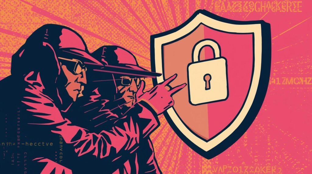 Hooded figures with shield symbolizing cybersecurity, against a vibrant digital-inspired background.