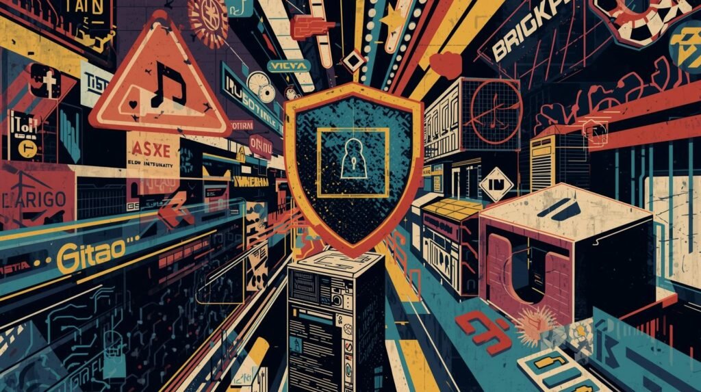 Futuristic digital cityscape with cybersecurity shield, vibrant colors, and abstract urban elements.