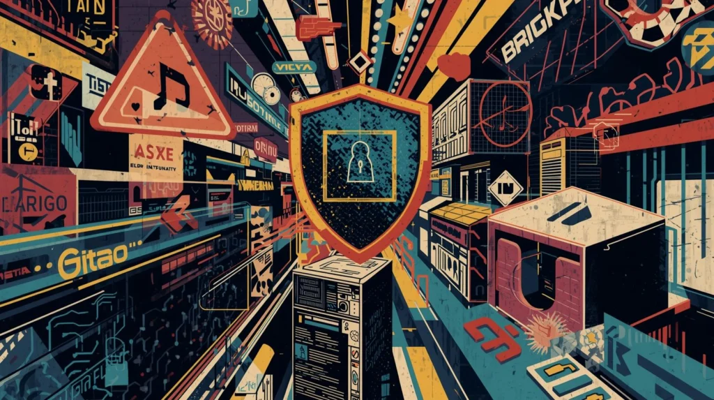 Futuristic digital cityscape with cybersecurity shield, vibrant colors, and abstract urban elements.