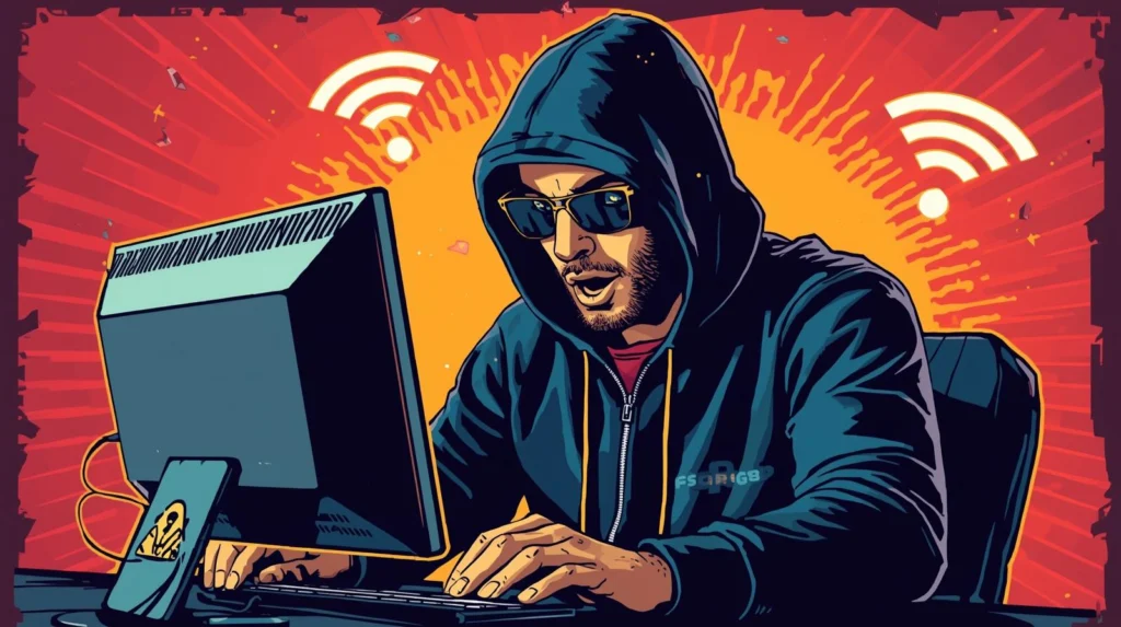 Hacker working on computer with vibrant background, symbolizing cybersecurity and digital connectivity.