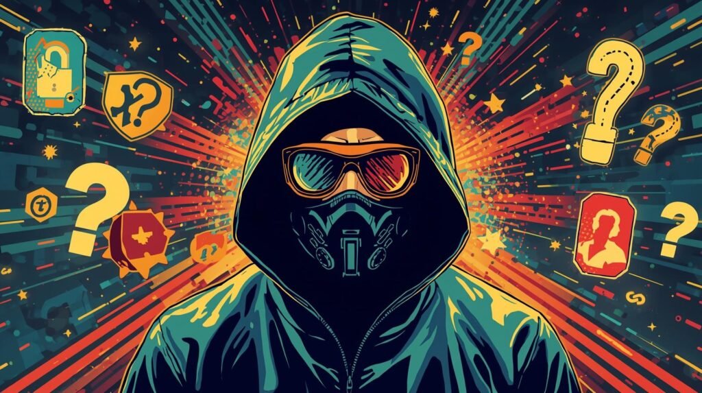 Cyberpunk figure with hood, mask, sunglasses; cybersecurity themes with vibrant digital elements.