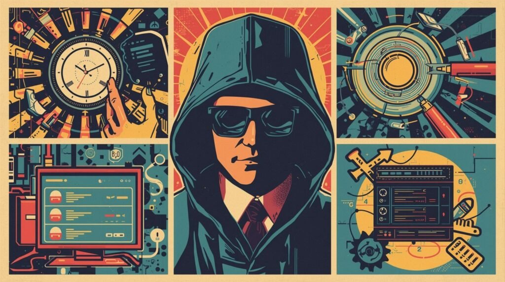 Futuristic digital artwork depicting technology, mystery, cyber themes, and electronic manipulation.