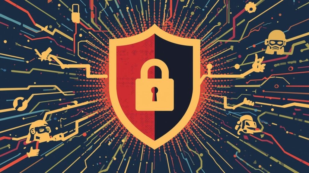 Cybersecurity shield illustrating protection, threats, and digital networks with vibrant, contrasting colors.