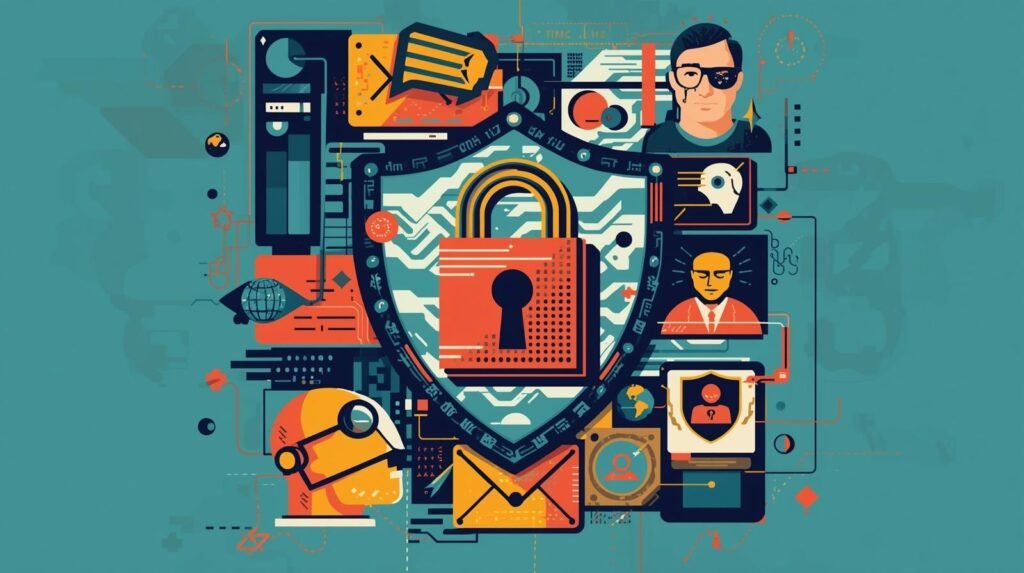 Cybersecurity illustration with padlock, shield, digital networks, and experts symbolizing data protection.