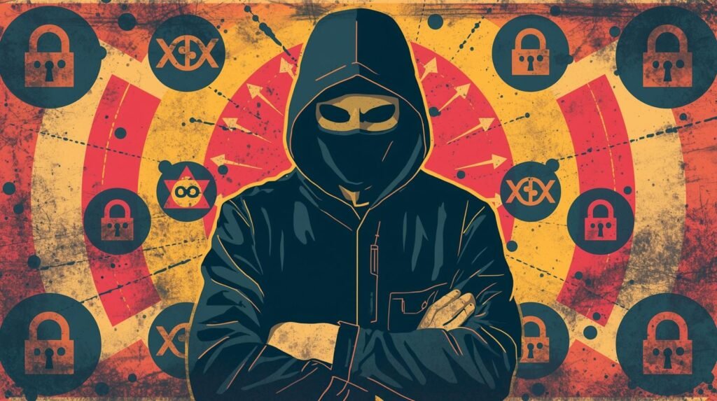 Mysterious hooded figure with cybersecurity symbols, grunge aesthetic, shadows, and dynamic background.