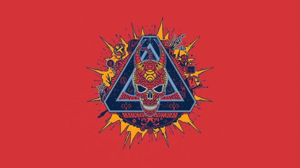 Fierce skull with horns in vibrant triangular design, surrounded by dynamic flame-like elements.