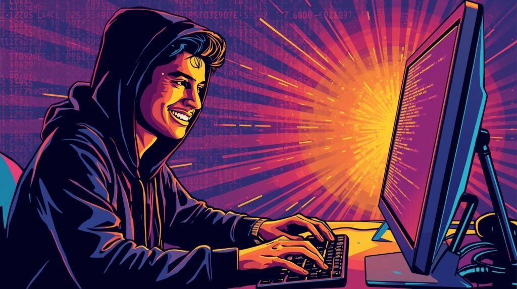 Hooded hacker coding on laptop with vibrant colorful digital backdrop.