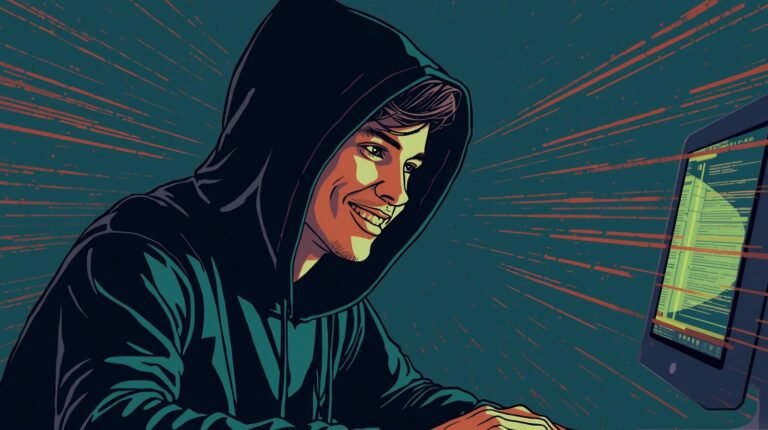 Young coder in a hoodie surrounded by digital code streams and neon screen.