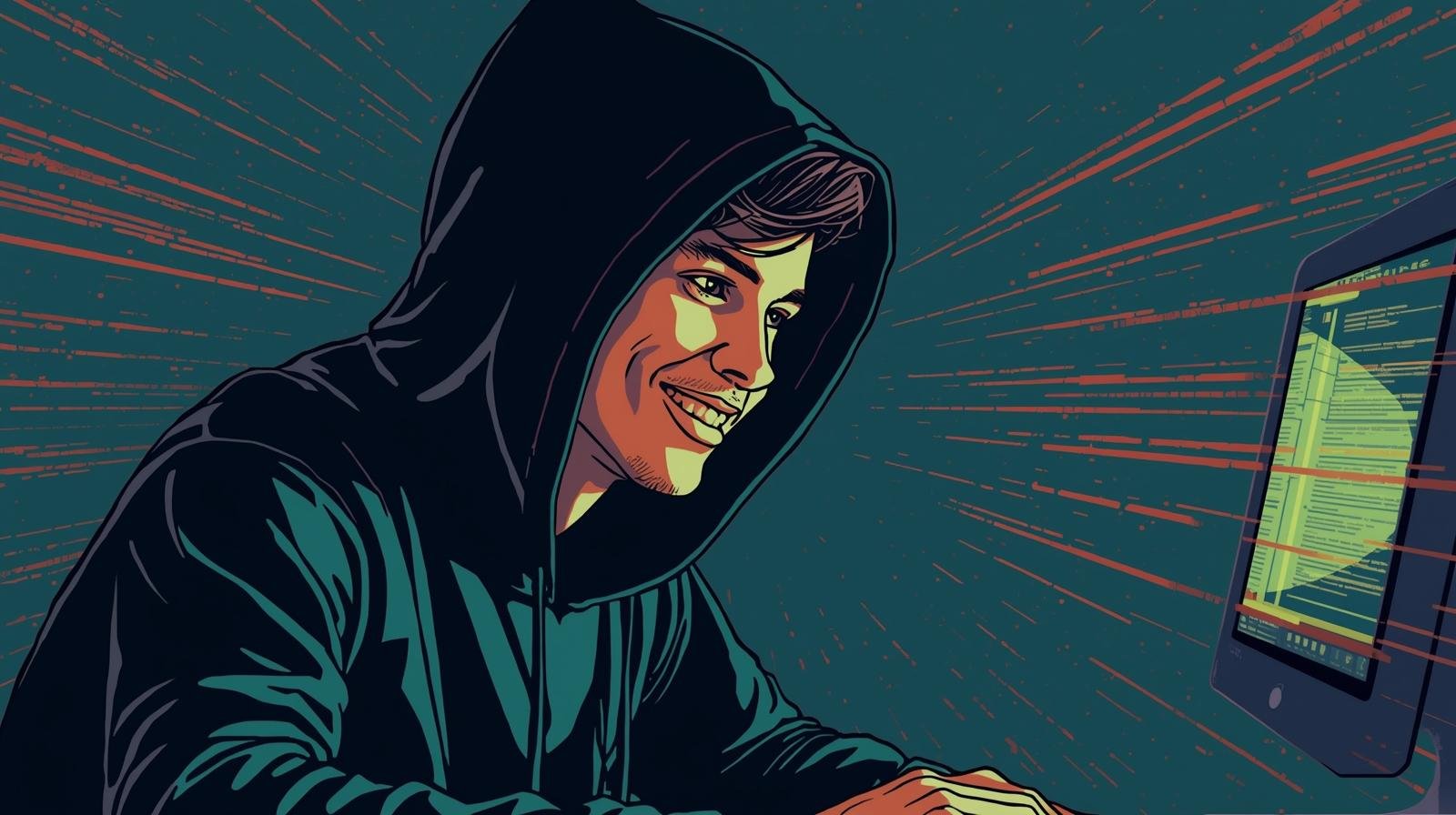 Young coder in a hoodie surrounded by digital code streams and neon screen.