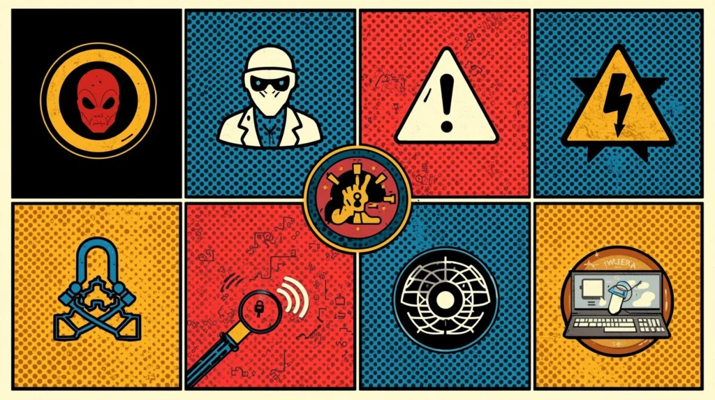 Discord Nitro Scams Explained: How They Work and How to Avoid Them 🎭 4 Pop art collage featuring symbols of security, caution, technology, and secrecy.
