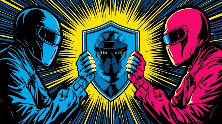 Futuristic blue and pink figures in comic style, facing off with shield, vibrant energy.