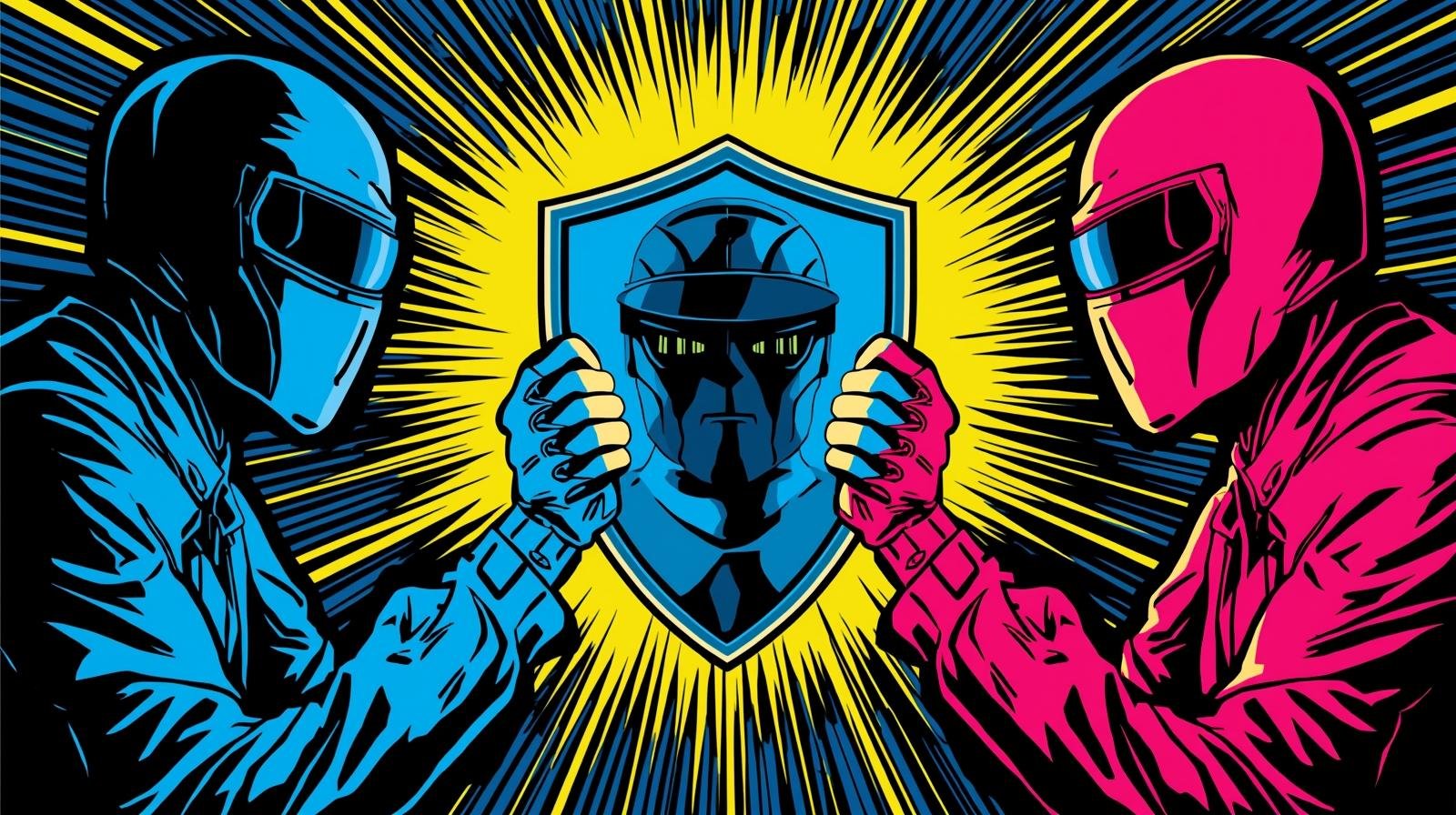 Futuristic blue and pink figures in comic style, facing off with shield, vibrant energy.